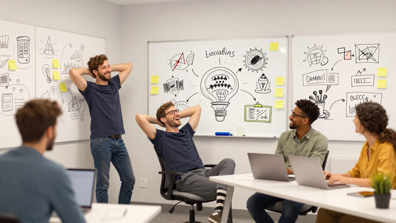 A diverse team laughing during a creative brainstorm, whiteboards covered in colorful ideas and sticky notes.