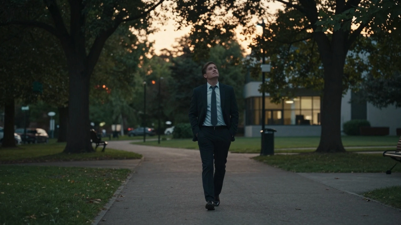 A person walking peacefully in a park at dusk, leaving work behind, bathed in golden hour light.