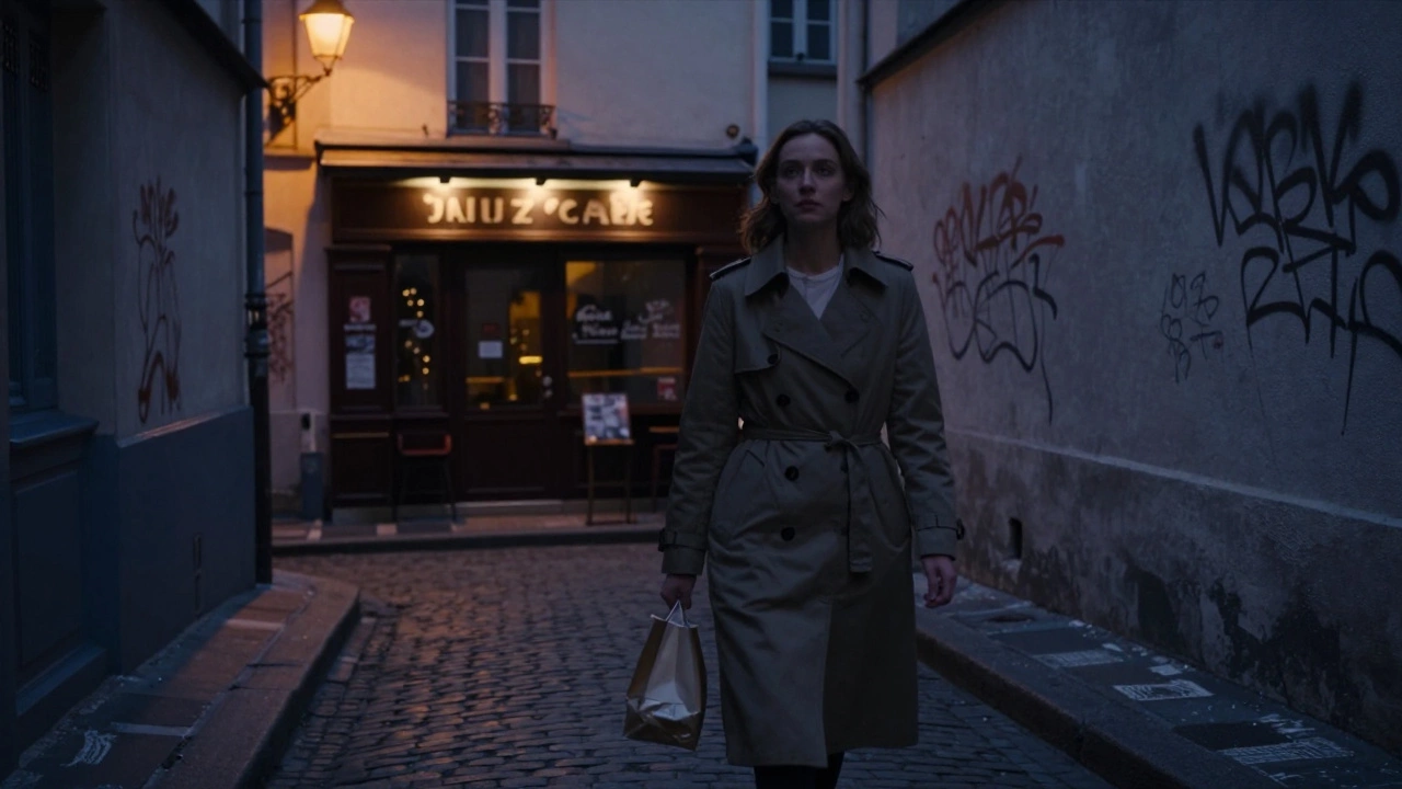 A woman walking alone in a quiet Montmartre alley at dusk, jazz club sign glowing softly behind her.