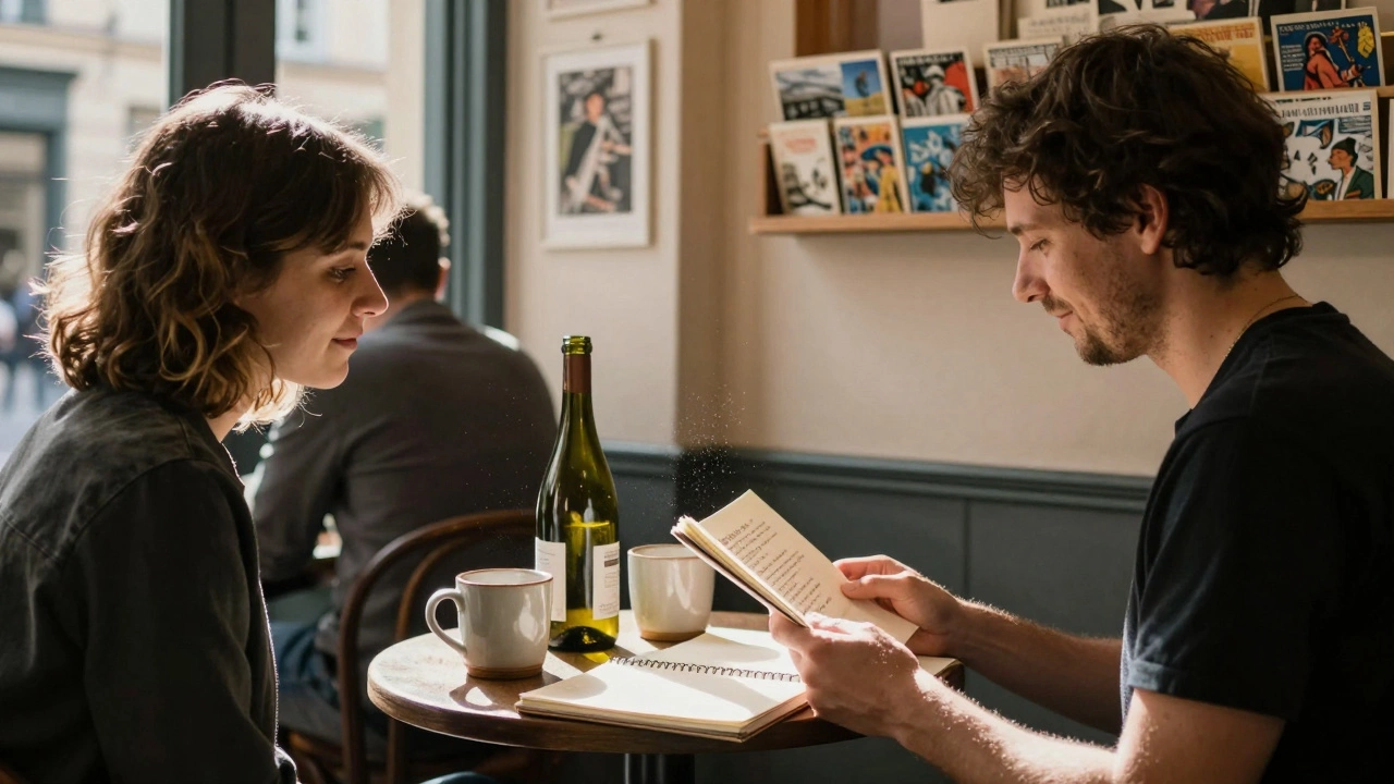 Two people sharing coffee and a poem in a Le Marais café, vintage postcards on the wall behind them.